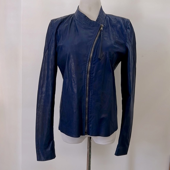 Ilaria Nistri blue patina leather biker style zipper jacket